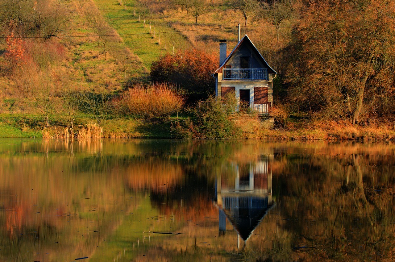 cottage, lake, mirror